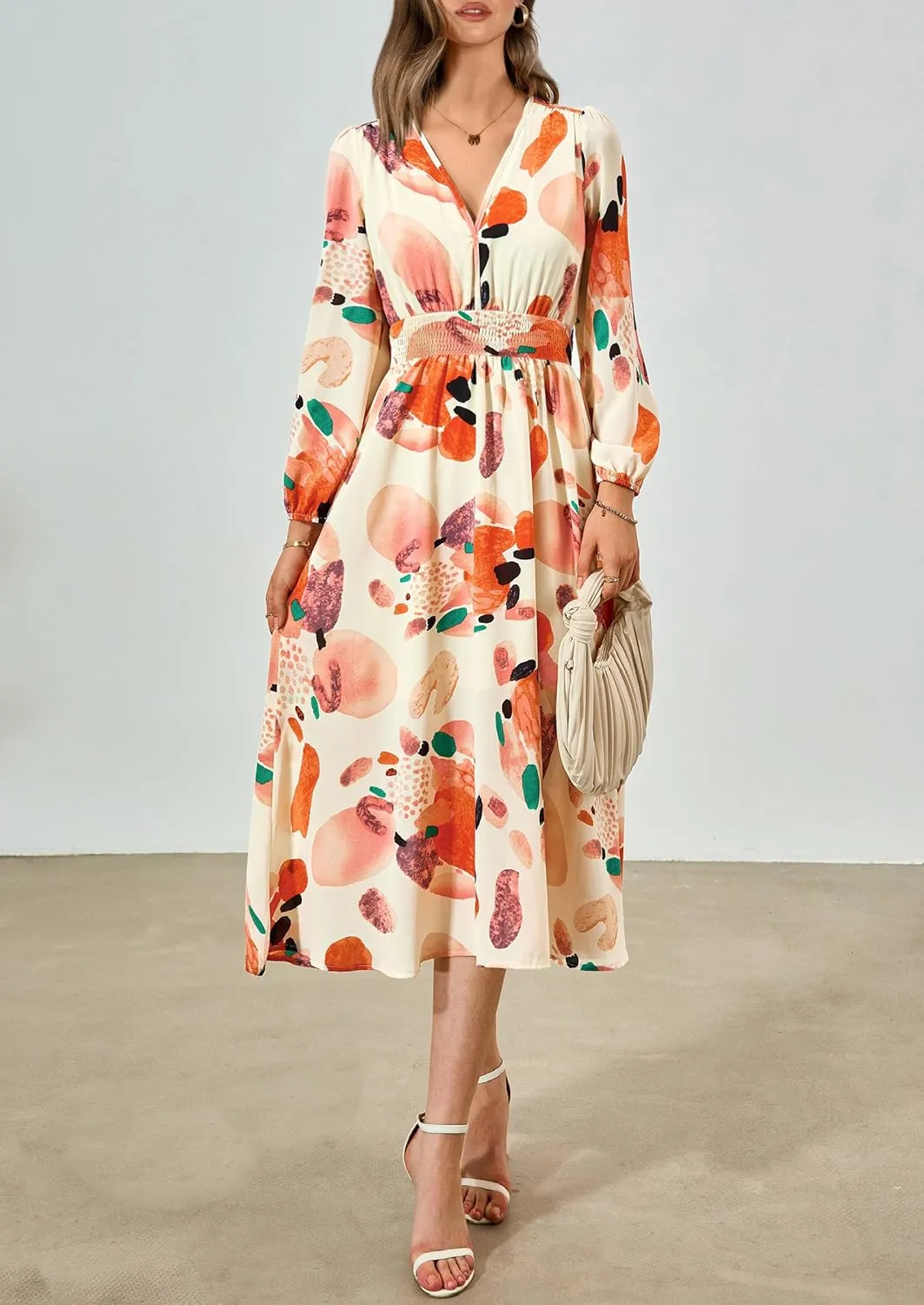 PRETTYGARDEN Women's Spring Floral Midi Dress Fall Long Sleeve V Neck Flowy Casual Beach Vacation Wedding Guest Dresses