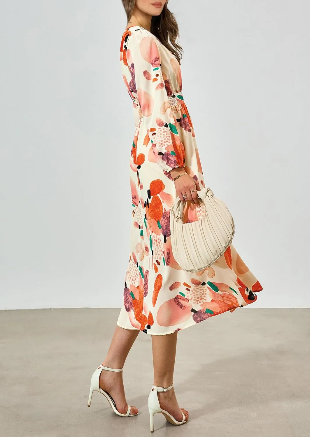 PRETTYGARDEN Women's Spring Floral Midi Dress Fall Long Sleeve V Neck Flowy Casual Beach Vacation Wedding Guest Dresses