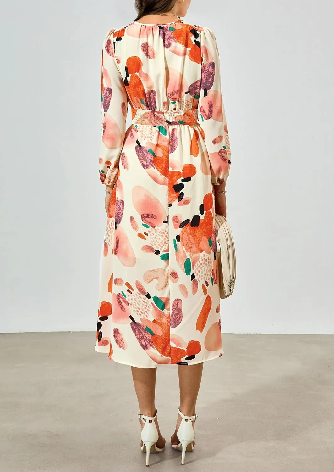 PRETTYGARDEN Women's Spring Floral Midi Dress Fall Long Sleeve V Neck Flowy Casual Beach Vacation Wedding Guest Dresses