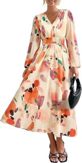 PRETTYGARDEN Women's Spring Floral Midi Dress Fall Long Sleeve V Neck Flowy Casual Beach Vacation Wedding Guest Dresses