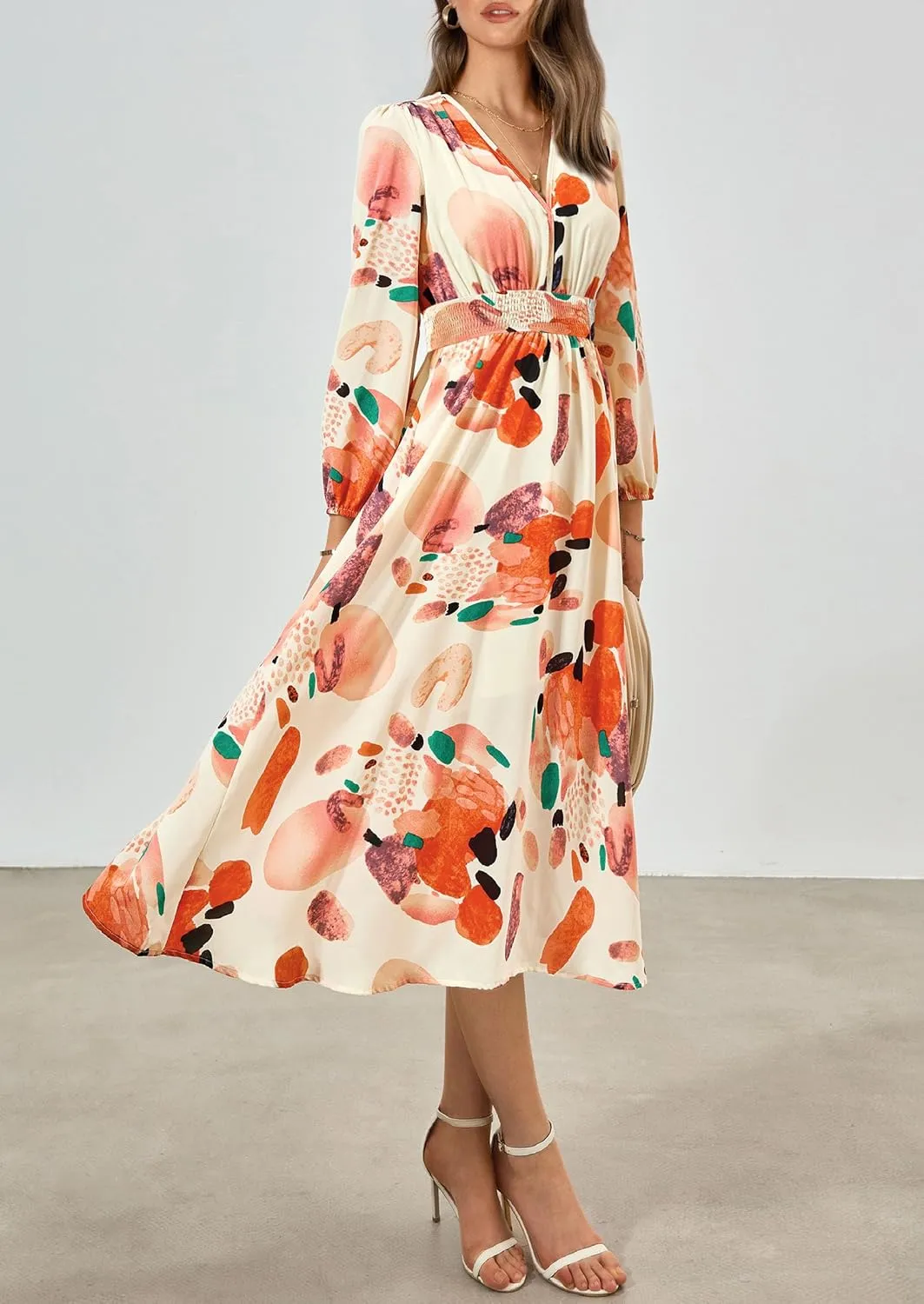 PRETTYGARDEN Women's Spring Floral Midi Dress Fall Long Sleeve V Neck Flowy Casual Beach Vacation Wedding Guest Dresses