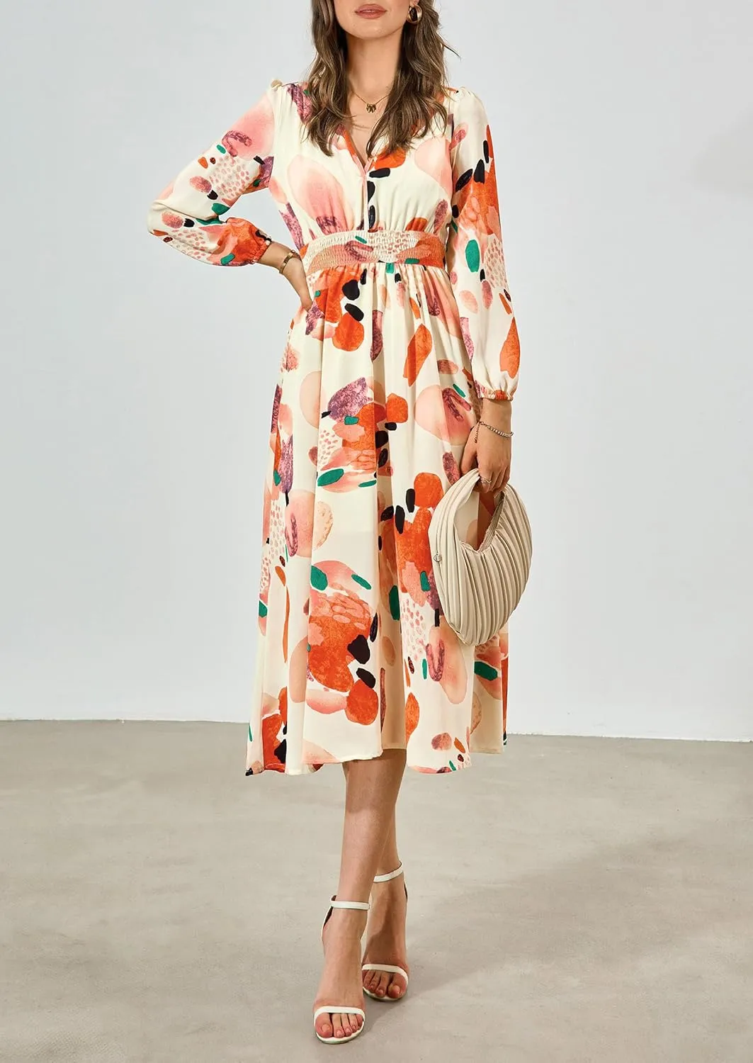 PRETTYGARDEN Women's Spring Floral Midi Dress Fall Long Sleeve V Neck Flowy Casual Beach Vacation Wedding Guest Dresses