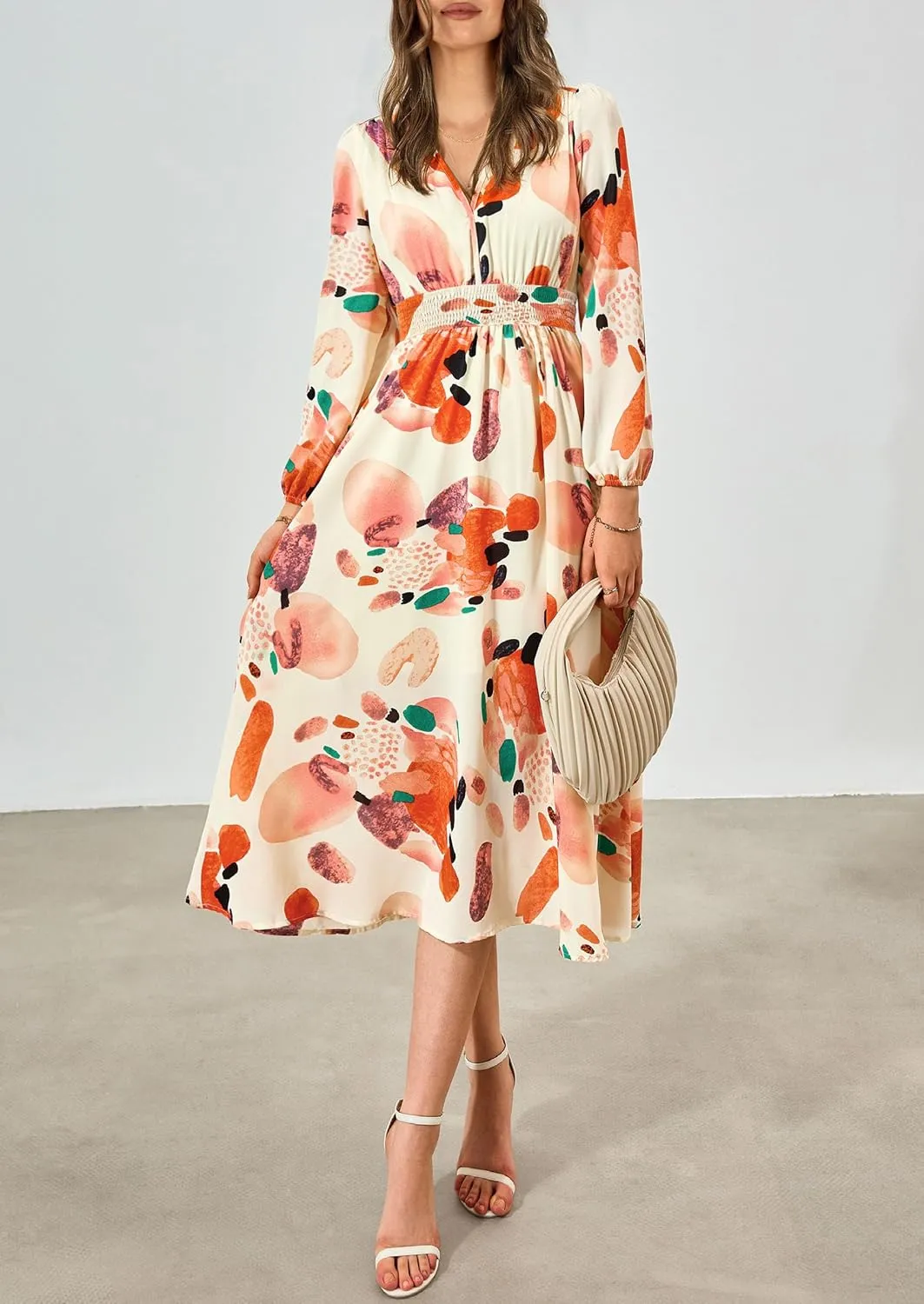 PRETTYGARDEN Women's Spring Floral Midi Dress Fall Long Sleeve V Neck Flowy Casual Beach Vacation Wedding Guest Dresses