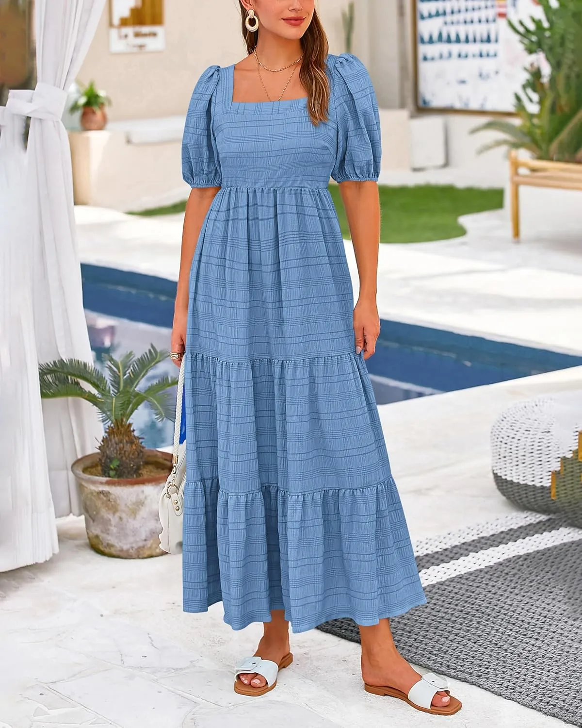 PRETTYGARDEN Women's Summer Dresses 2025 Puff Sleeve Square Neck High Waist Smocked A-Line Flowy Loose Fit Midi Dress