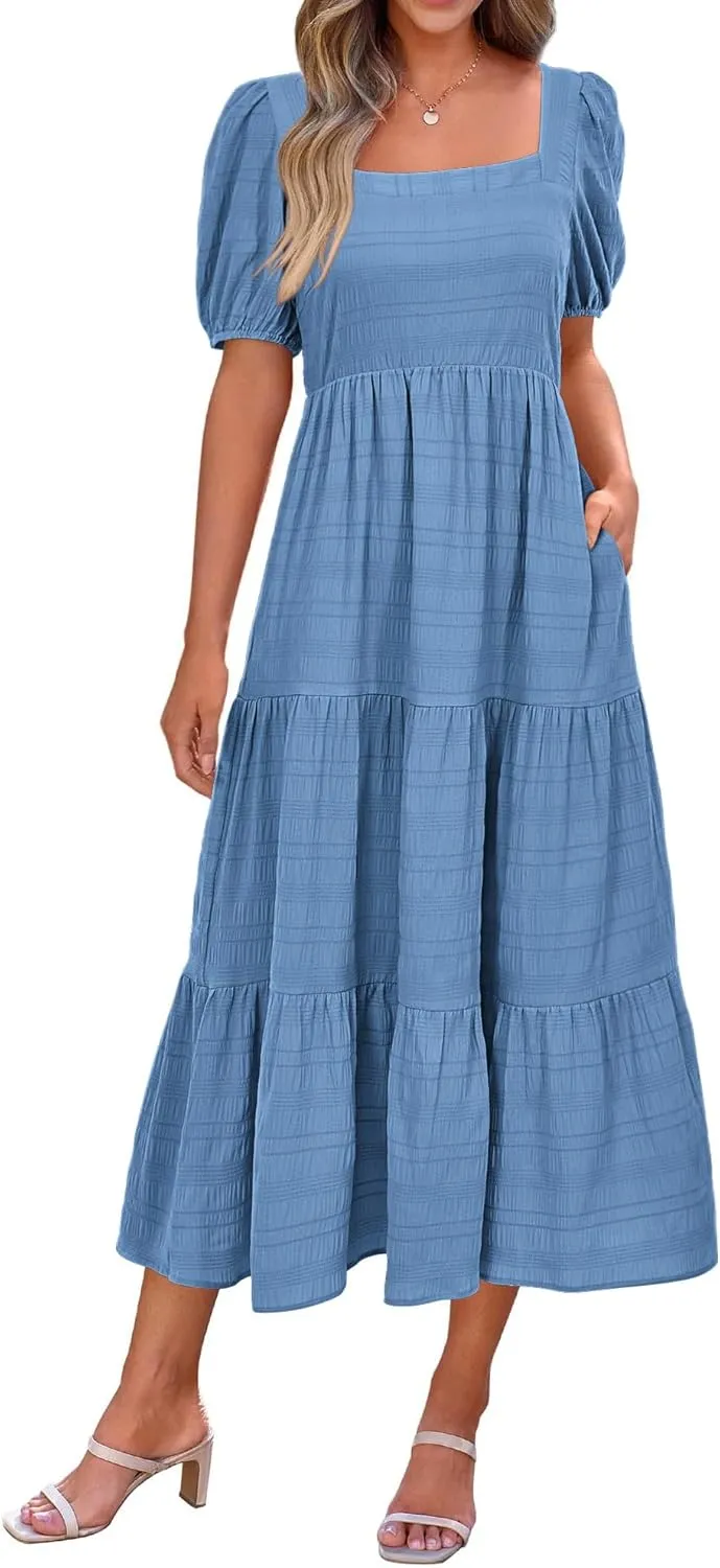 PRETTYGARDEN Women's Summer Dresses 2025 Puff Sleeve Square Neck High Waist Smocked A-Line Flowy Loose Fit Midi Dress