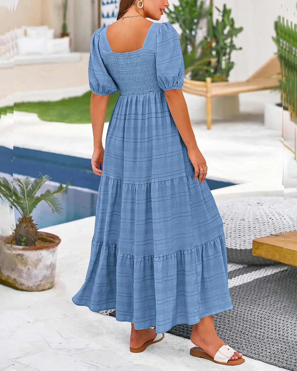 PRETTYGARDEN Women's Summer Dresses 2025 Puff Sleeve Square Neck High Waist Smocked A-Line Flowy Loose Fit Midi Dress