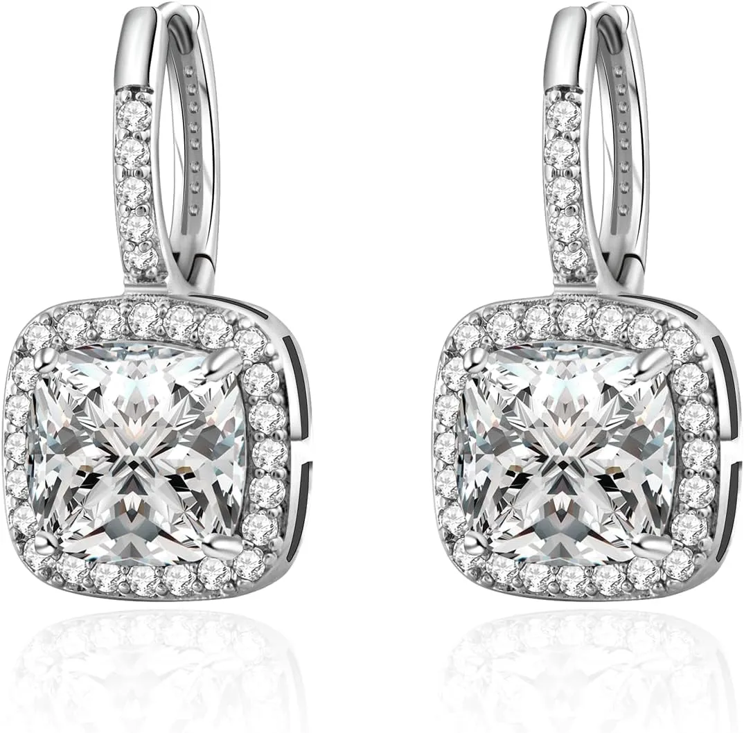Princess Cut Dangle CZ Earrings for Women - 8MM Square Cubic Zirconia, Hypoallergenic Small Silver Huggie Hoop, Trendy and Chic Design