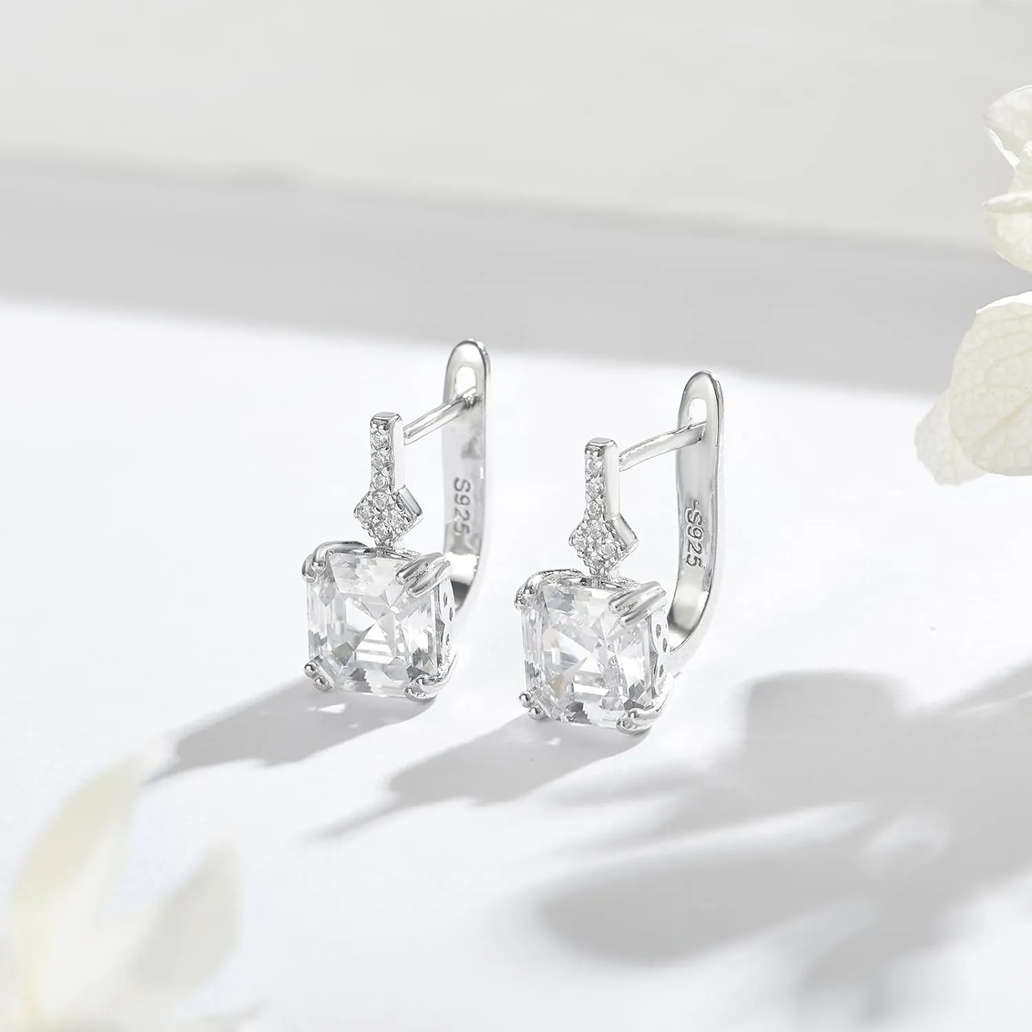Princess Cut Sterling Silver Hoop Earrings, Lab Simulation Diamond 5A Cubic Zirconia Sterling Silver Platinum Plated Earrings for Women Wedding Birthday Jewerly Gifts