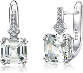 Princess Cut Sterling Silver Hoop Earrings, Lab Simulation Diamond 5A Cubic Zirconia Sterling Silver Platinum Plated Earrings for Women Wedding Birthday Jewerly Gifts