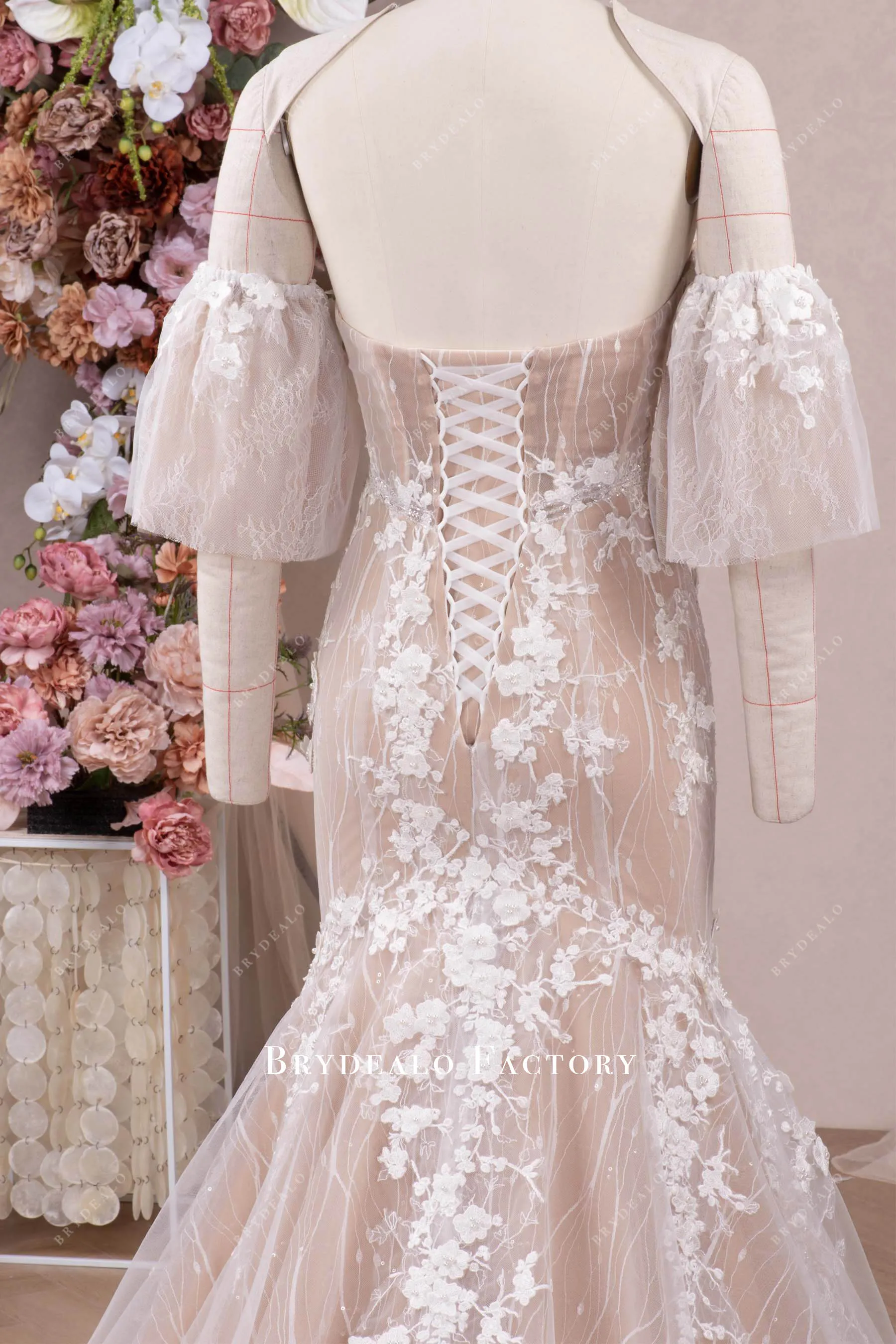 Romantic 3D Lace Corset Off-shoulder Mermaid Garden Wedding Dress