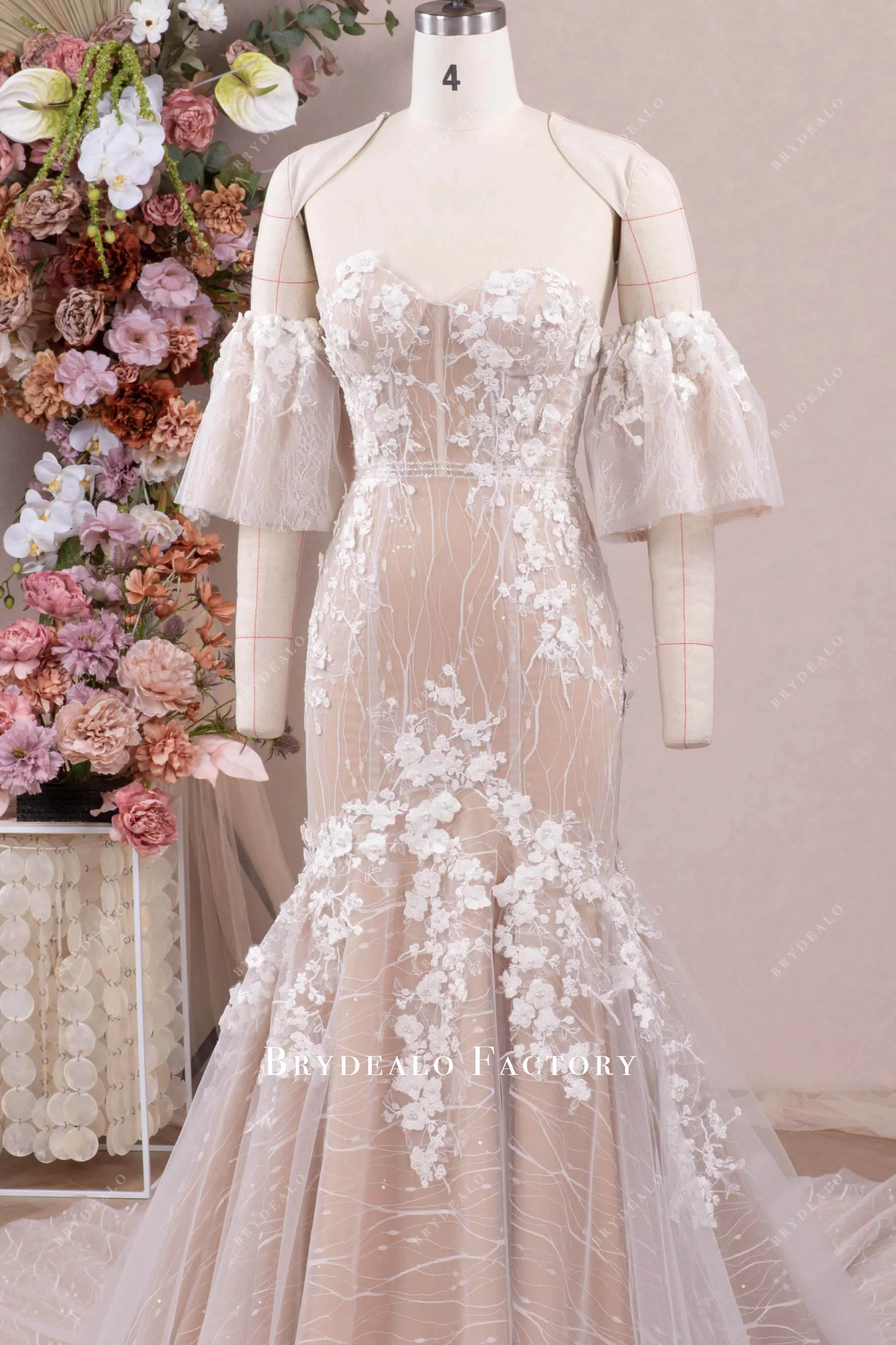 Romantic 3D Lace Corset Off-shoulder Mermaid Garden Wedding Dress