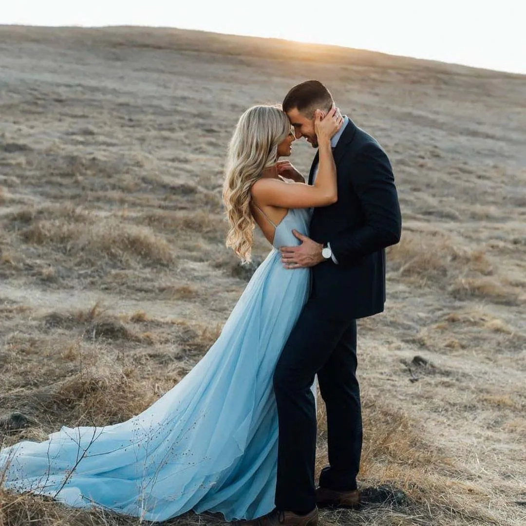 Rustic Sky Blue Chiffon Wedding Dress Slit Prom Dress