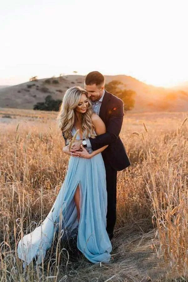 Rustic Sky Blue Chiffon Wedding Dress Slit Prom Dress