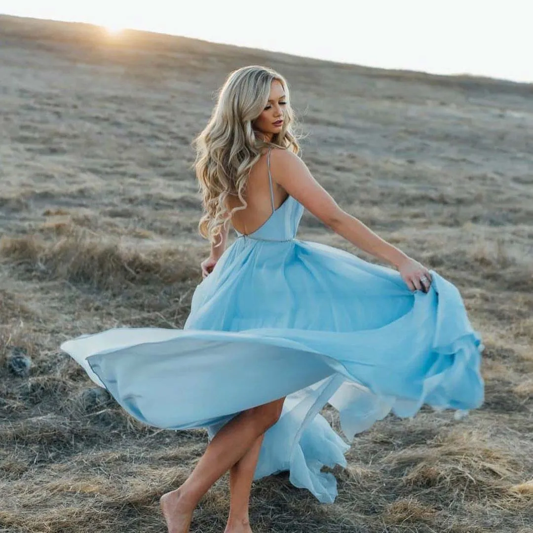 Rustic Sky Blue Chiffon Wedding Dress Slit Prom Dress