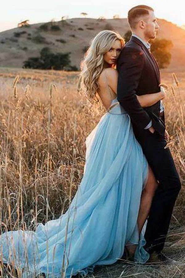 Rustic Sky Blue Chiffon Wedding Dress Slit Prom Dress