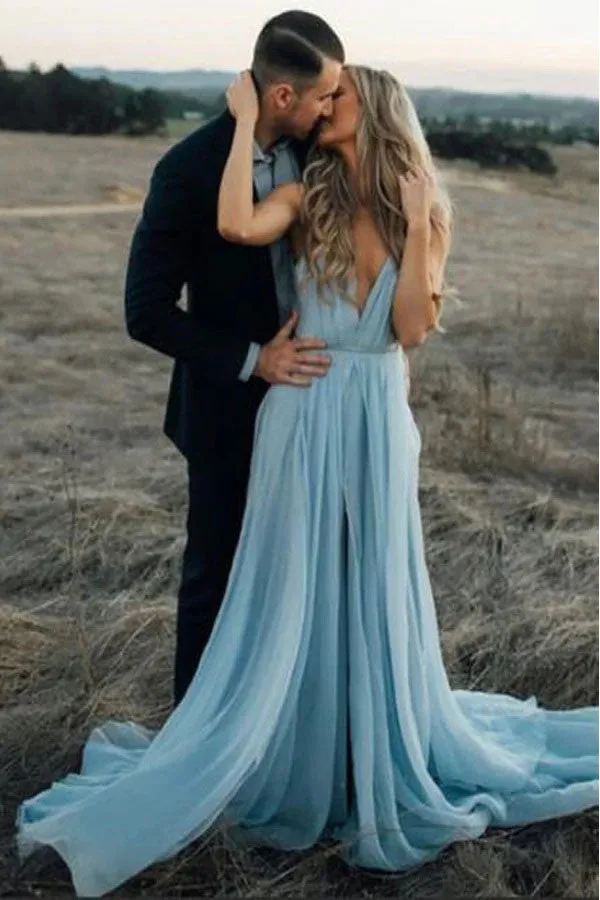 Rustic Sky Blue Chiffon Wedding Dress Slit Prom Dress