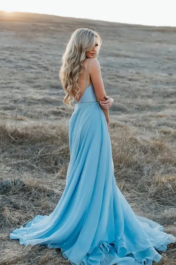 Rustic Sky Blue Chiffon Wedding Dress Slit Prom Dress
