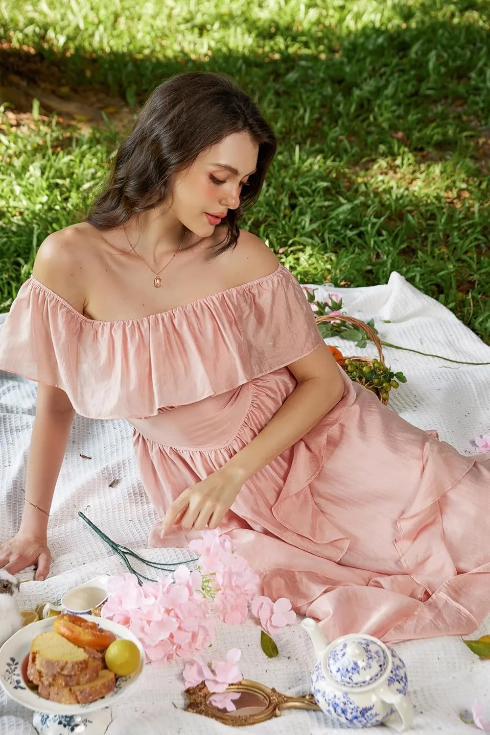 Scarlet Darkness Off Shoulder Dresses for Women Corset Dress Ruffle Summer Wedding Guest Dress with Pockets