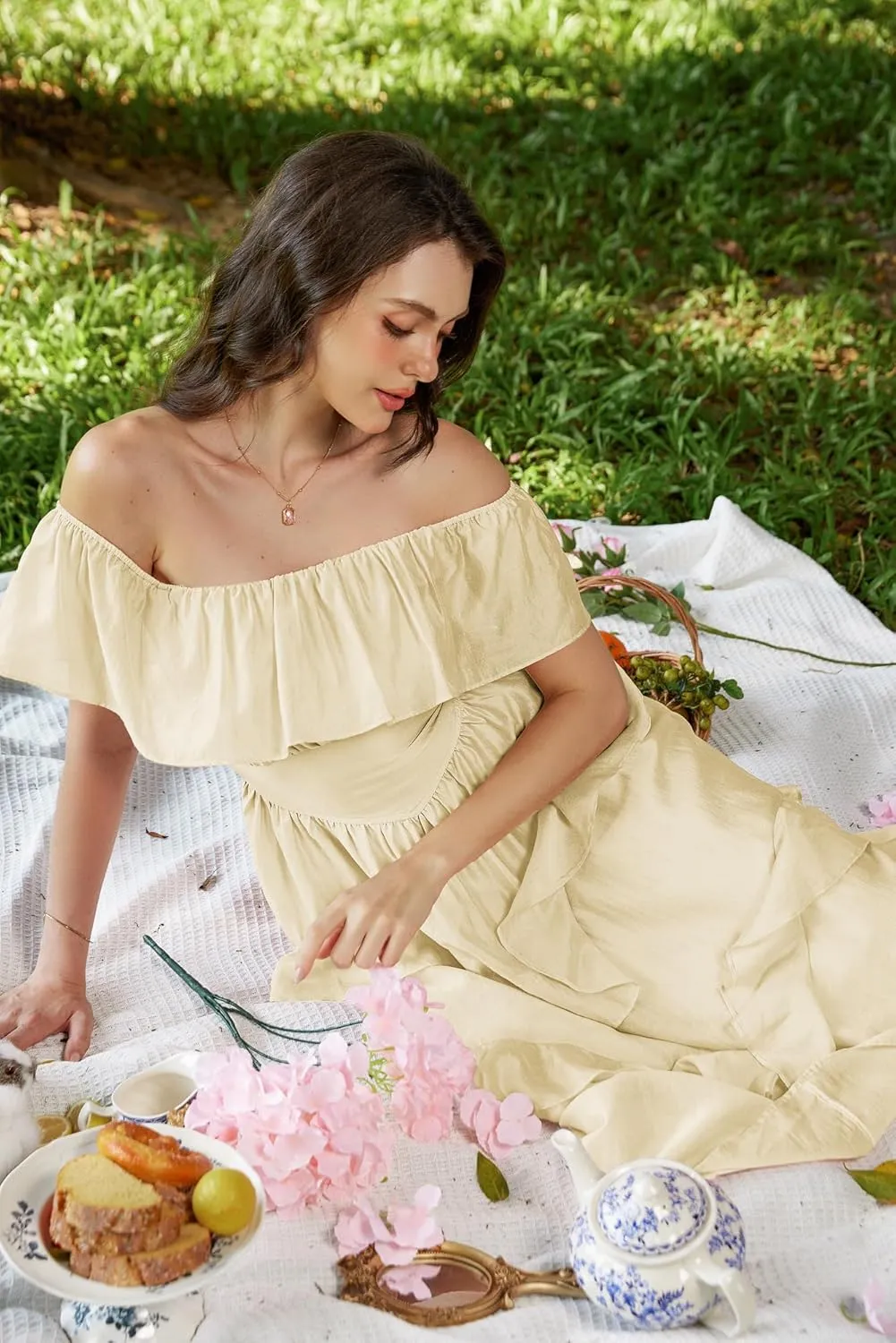 Scarlet Darkness Off Shoulder Dresses for Women Corset Dress Ruffle Summer Wedding Guest Dress with Pockets