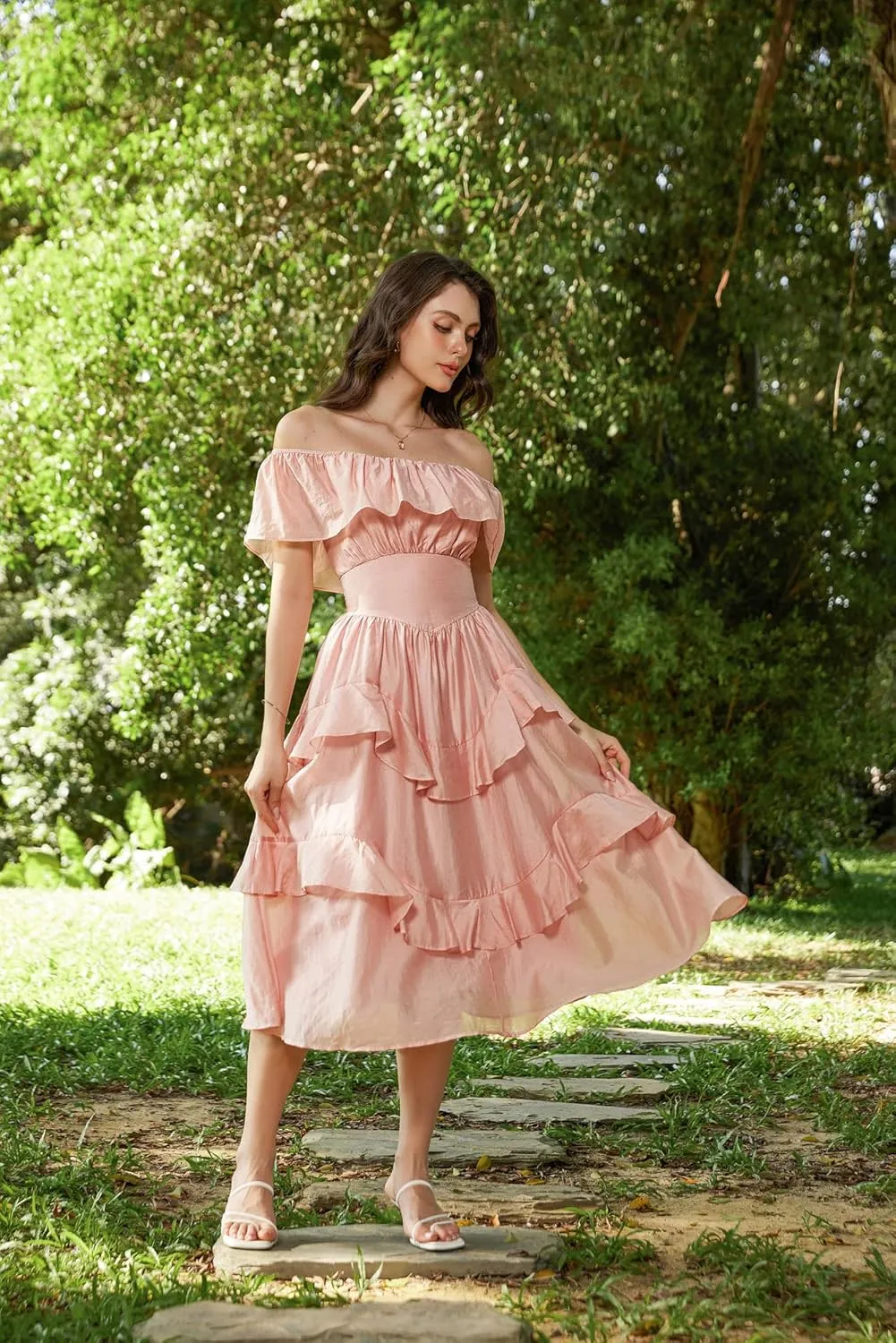 Scarlet Darkness Off Shoulder Dresses for Women Corset Dress Ruffle Summer Wedding Guest Dress with Pockets
