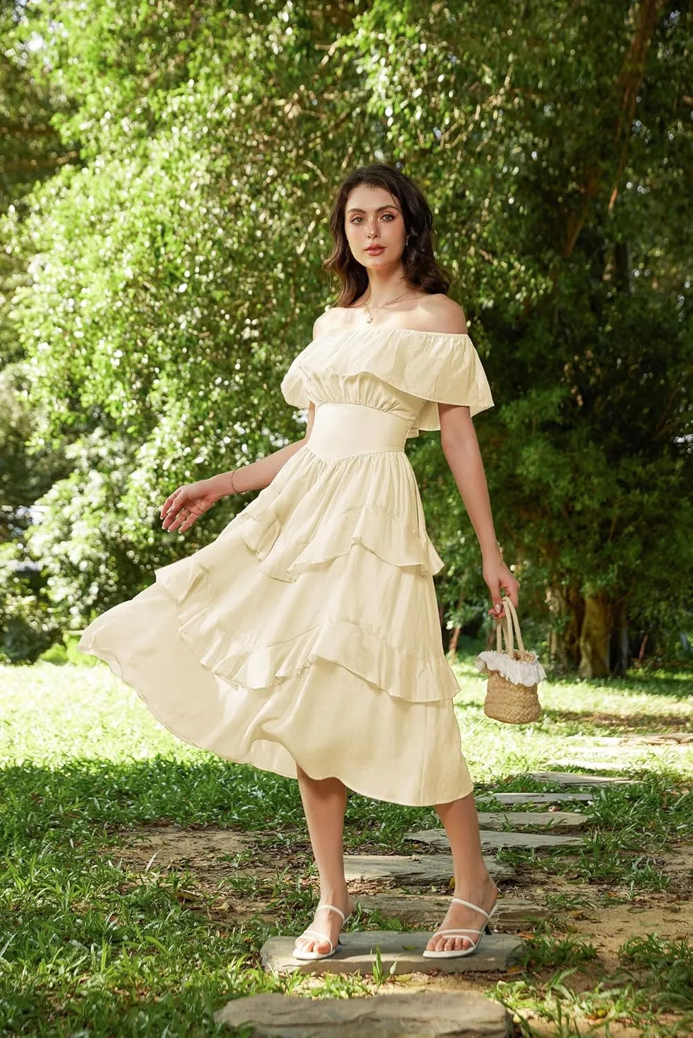 Scarlet Darkness Off Shoulder Dresses for Women Corset Dress Ruffle Summer Wedding Guest Dress with Pockets