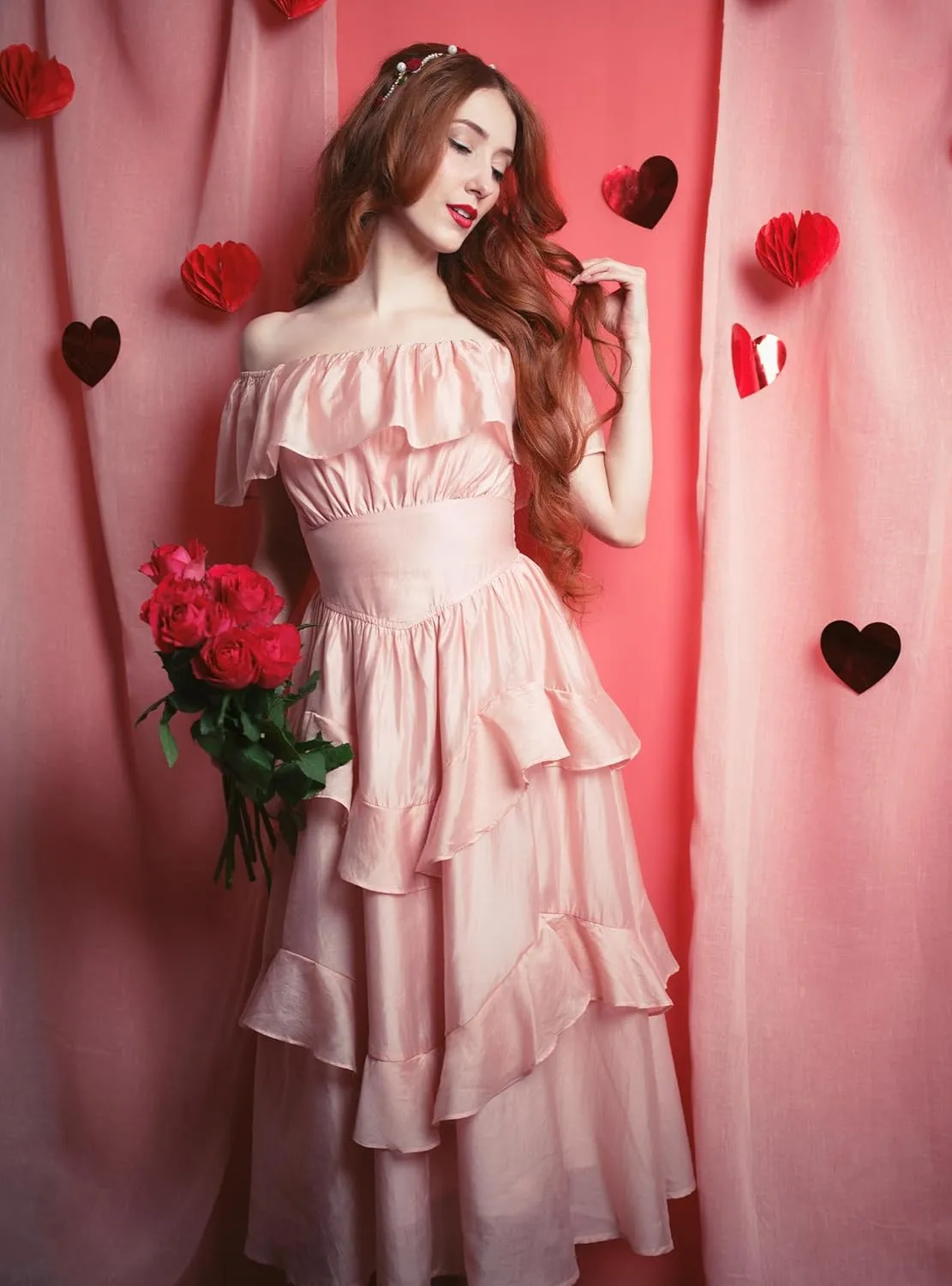 Scarlet Darkness Off Shoulder Dresses for Women Corset Dress Ruffle Summer Wedding Guest Dress with Pockets