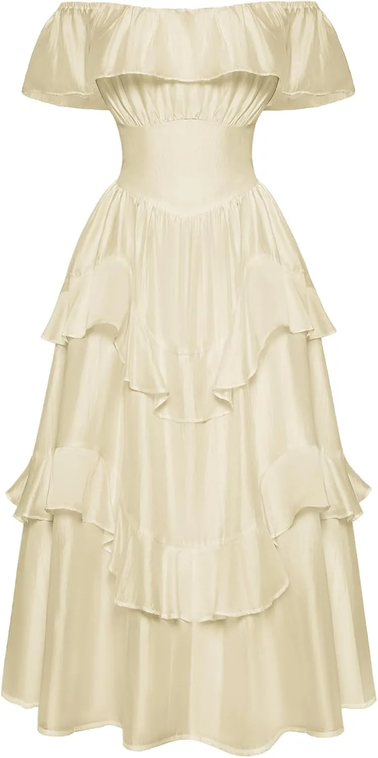 Scarlet Darkness Off Shoulder Dresses for Women Corset Dress Ruffle Summer Wedding Guest Dress with Pockets