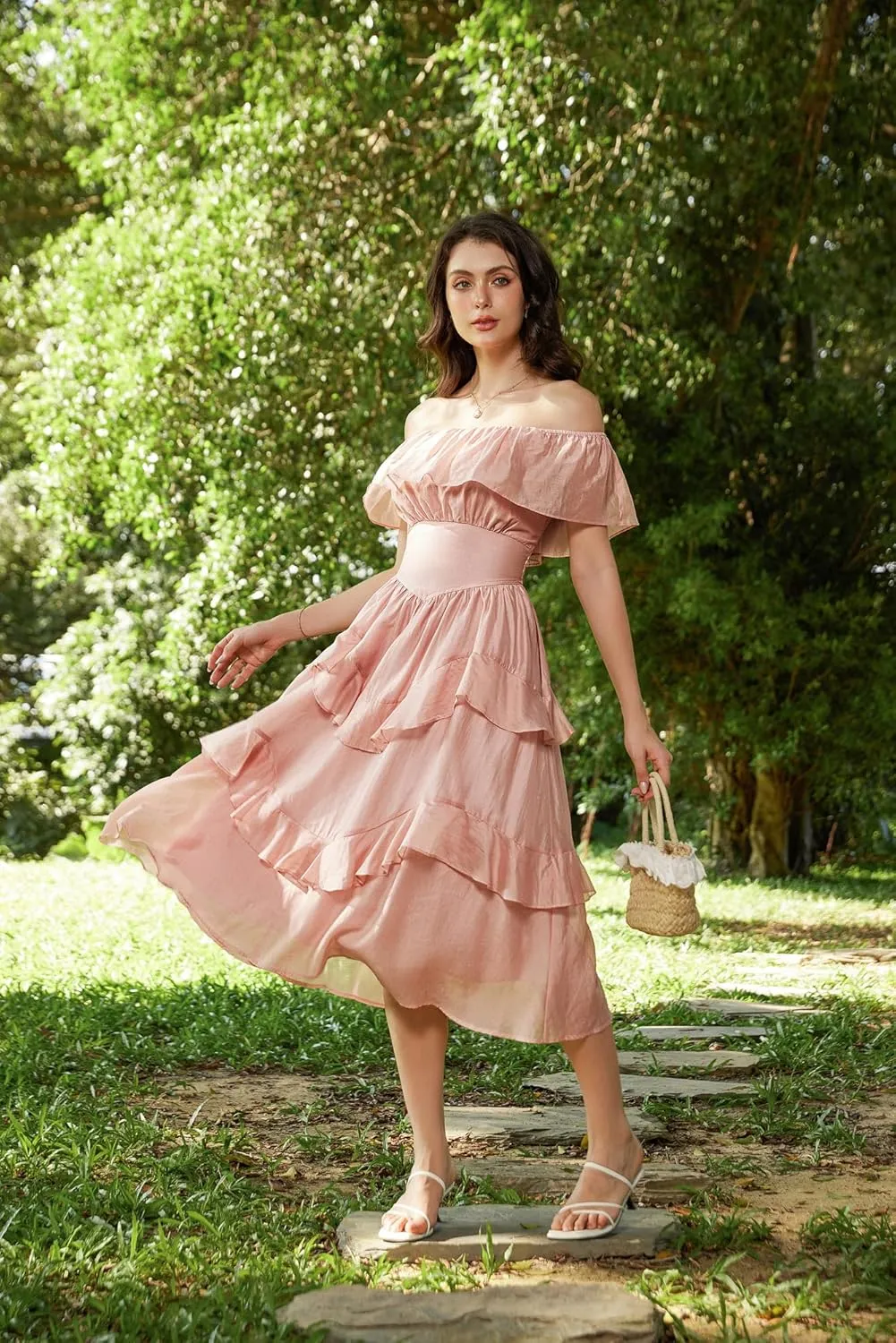 Scarlet Darkness Off Shoulder Dresses for Women Corset Dress Ruffle Summer Wedding Guest Dress with Pockets