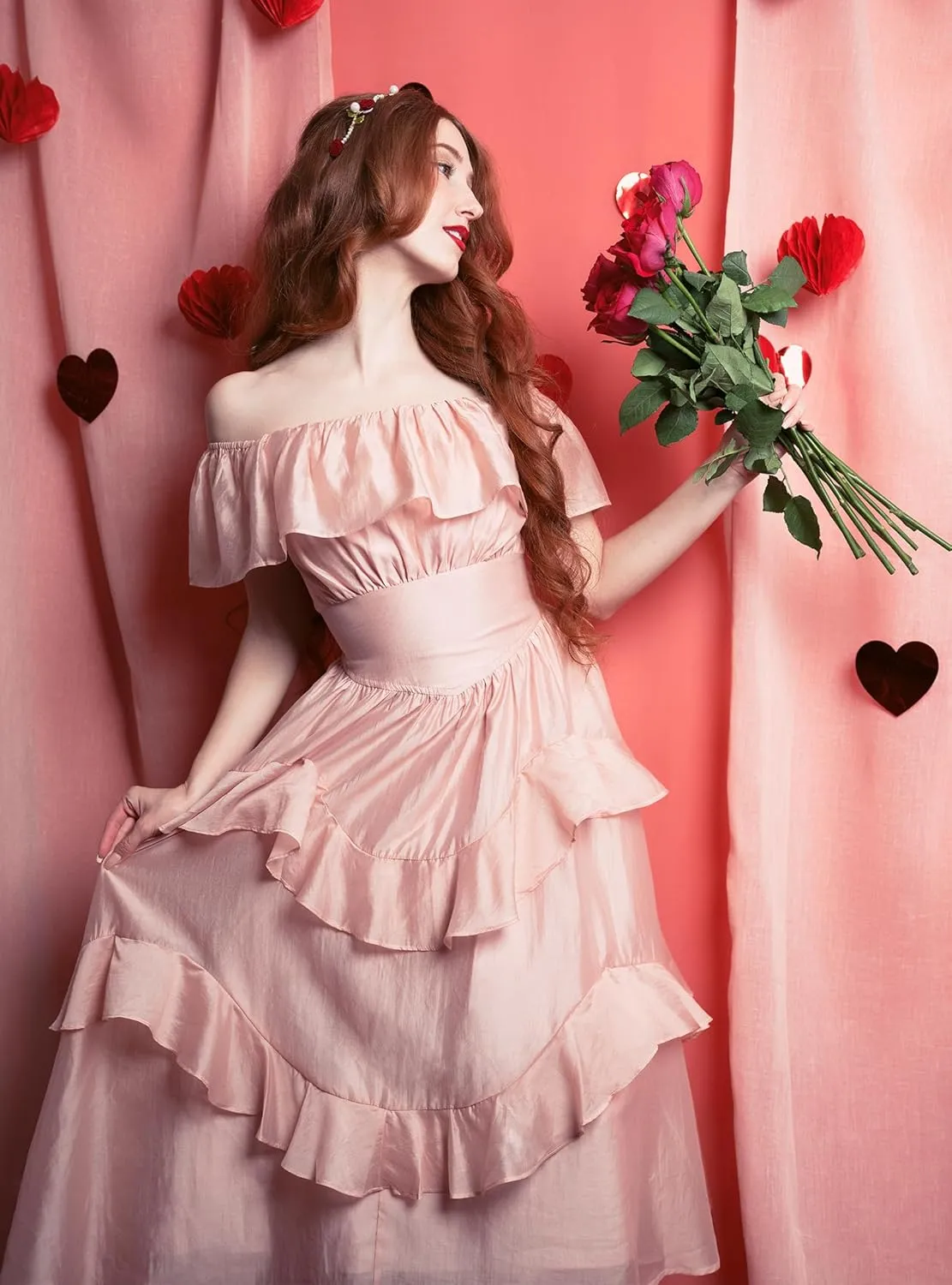 Scarlet Darkness Off Shoulder Dresses for Women Corset Dress Ruffle Summer Wedding Guest Dress with Pockets