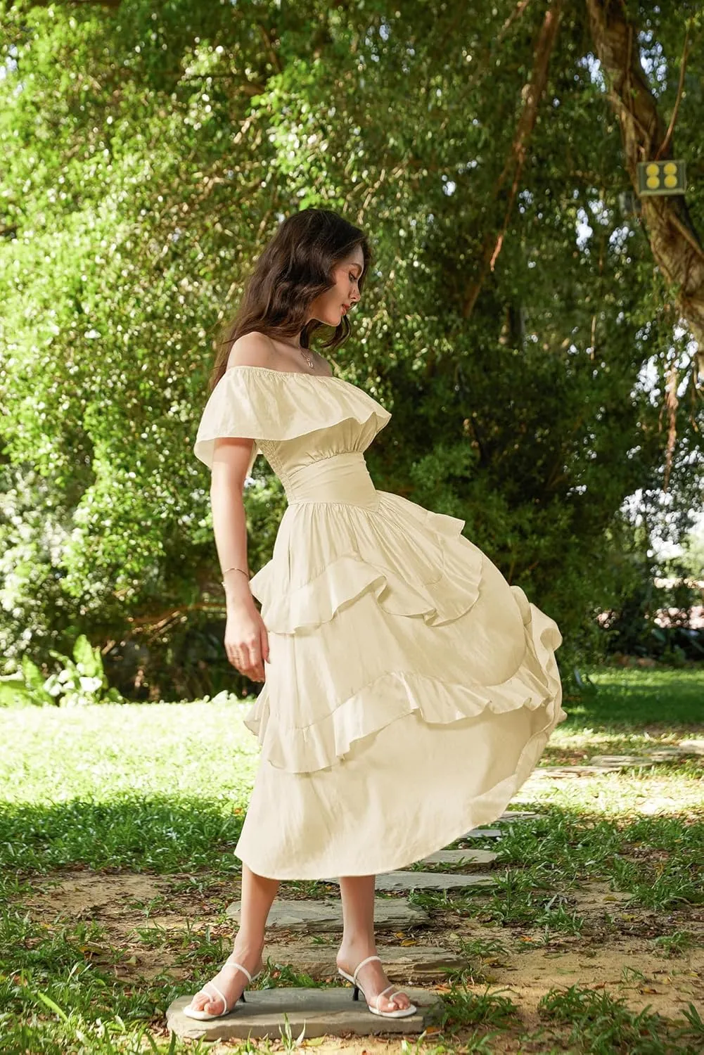 Scarlet Darkness Off Shoulder Dresses for Women Corset Dress Ruffle Summer Wedding Guest Dress with Pockets
