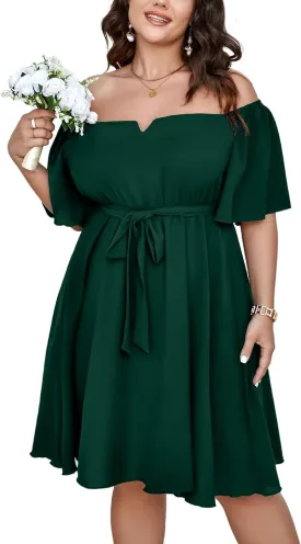 SCOMCHIC Womens Plus Size Cocktail Dress Summer Off Shoulder Short Sleeve Flowy Ruffle A-Line Cute Mini Dress with Belt
