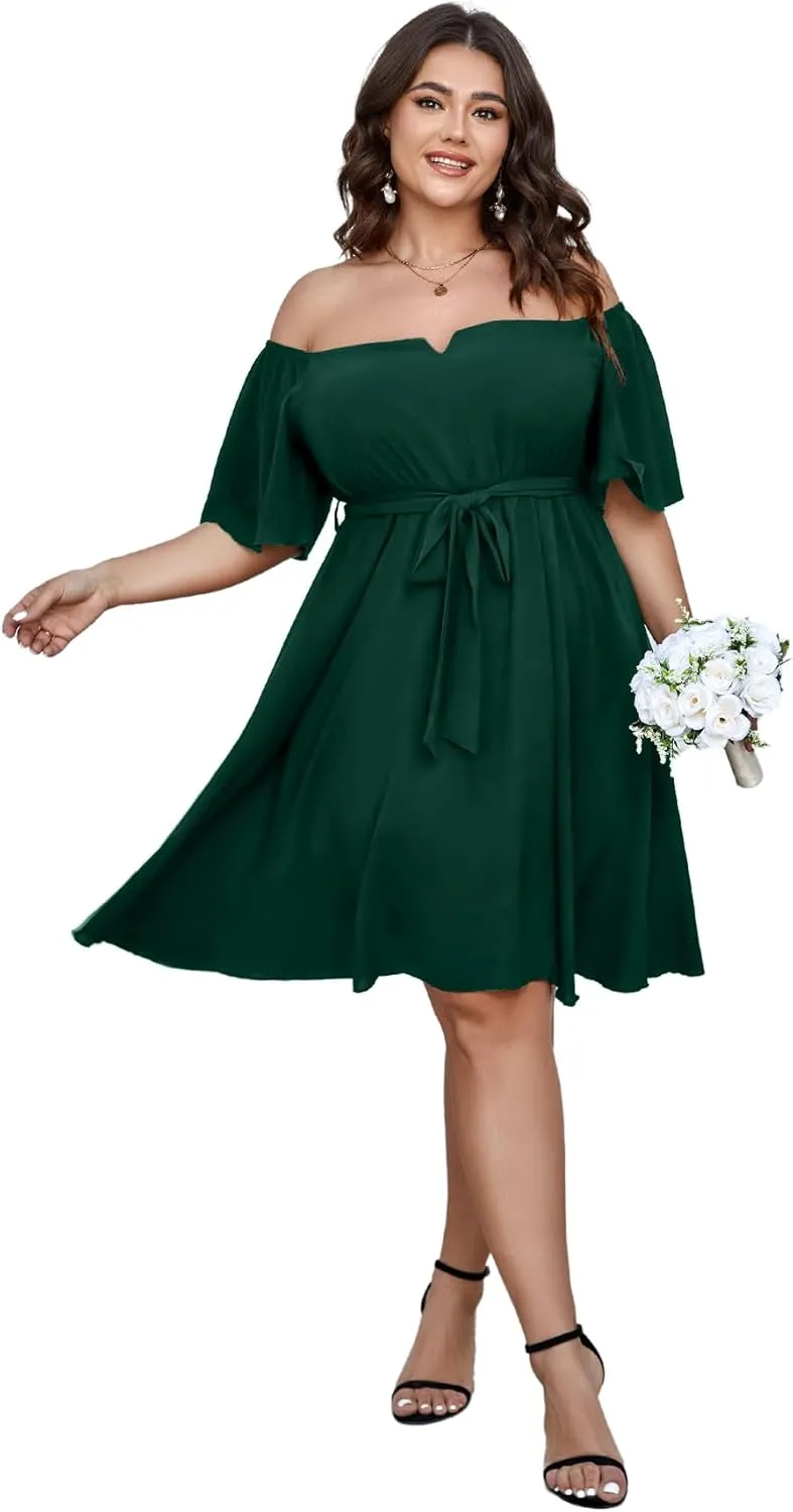 SCOMCHIC Womens Plus Size Cocktail Dress Summer Off Shoulder Short Sleeve Flowy Ruffle A-Line Cute Mini Dress with Belt