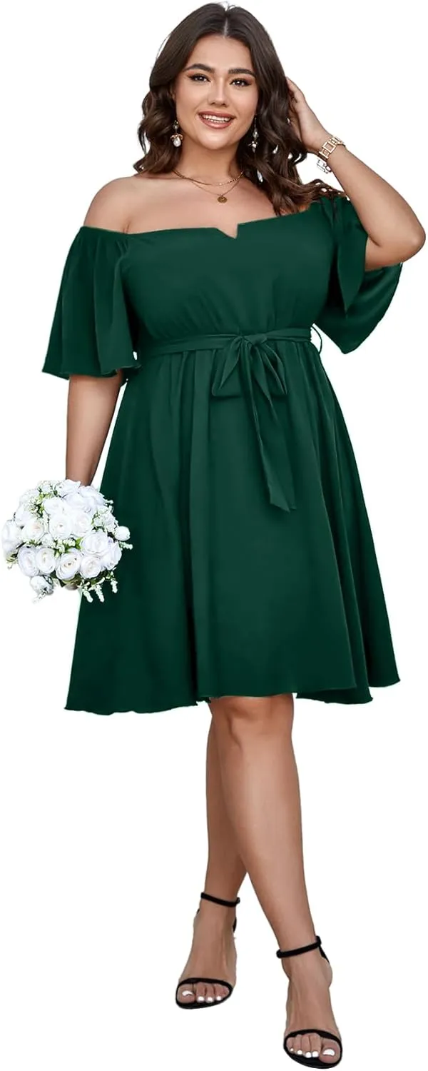 SCOMCHIC Womens Plus Size Cocktail Dress Summer Off Shoulder Short Sleeve Flowy Ruffle A-Line Cute Mini Dress with Belt