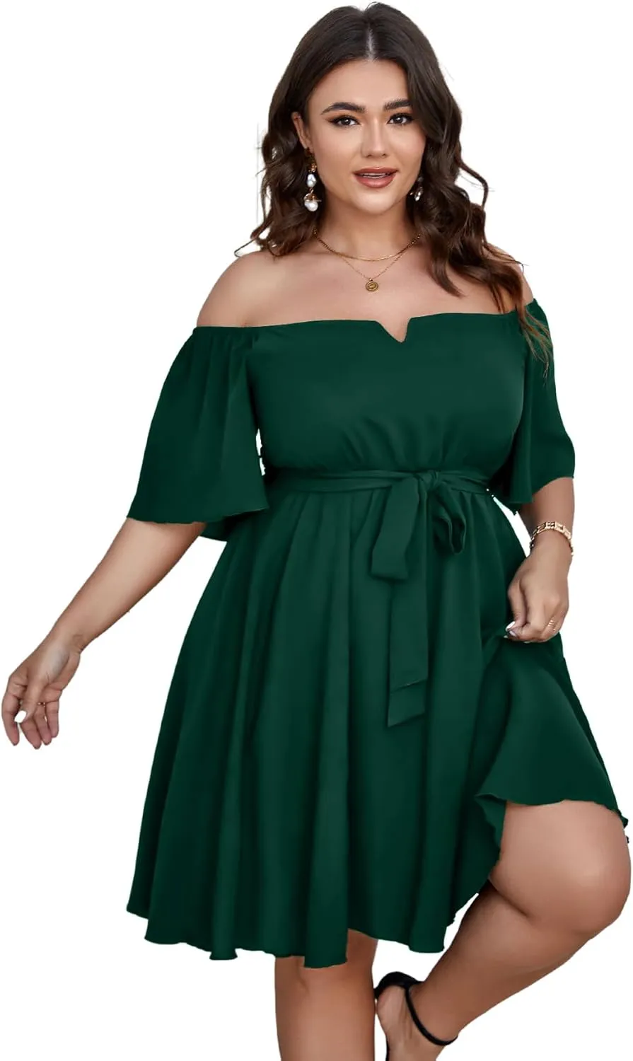 SCOMCHIC Womens Plus Size Cocktail Dress Summer Off Shoulder Short Sleeve Flowy Ruffle A-Line Cute Mini Dress with Belt
