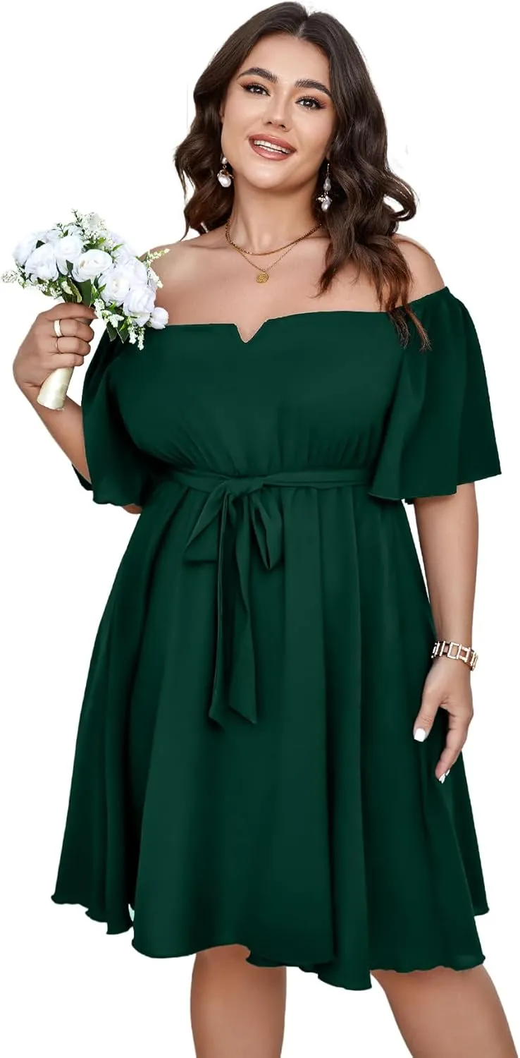 SCOMCHIC Womens Plus Size Cocktail Dress Summer Off Shoulder Short Sleeve Flowy Ruffle A-Line Cute Mini Dress with Belt