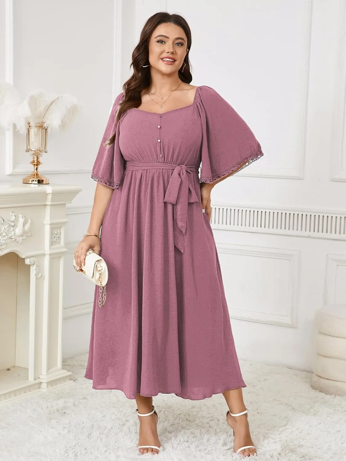SCOMCHIC Women's Plus Size Summer Maxi Dress Sweetheart Neckline 3/4 Sleeve A Line Flowy Wedding Guest Cocktail Dress