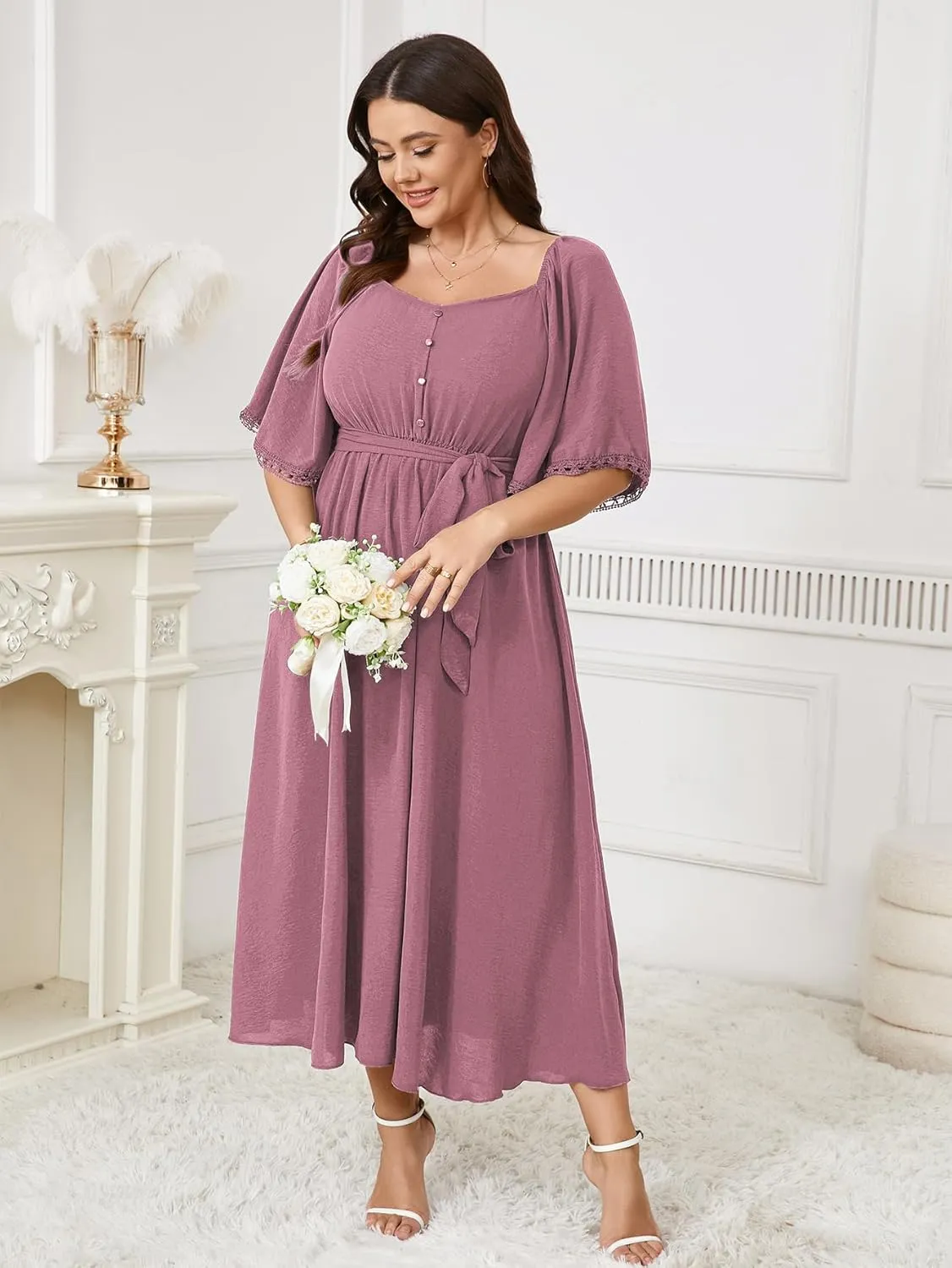 SCOMCHIC Women's Plus Size Summer Maxi Dress Sweetheart Neckline 3/4 Sleeve A Line Flowy Wedding Guest Cocktail Dress