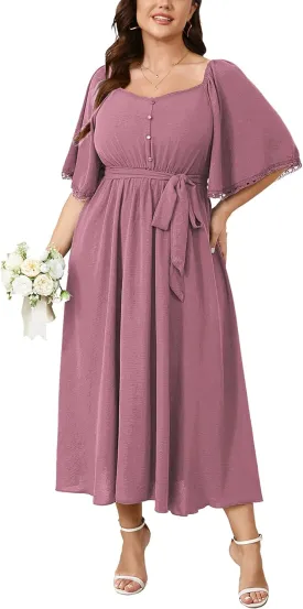 SCOMCHIC Women's Plus Size Summer Maxi Dress Sweetheart Neckline 3/4 Sleeve A Line Flowy Wedding Guest Cocktail Dress