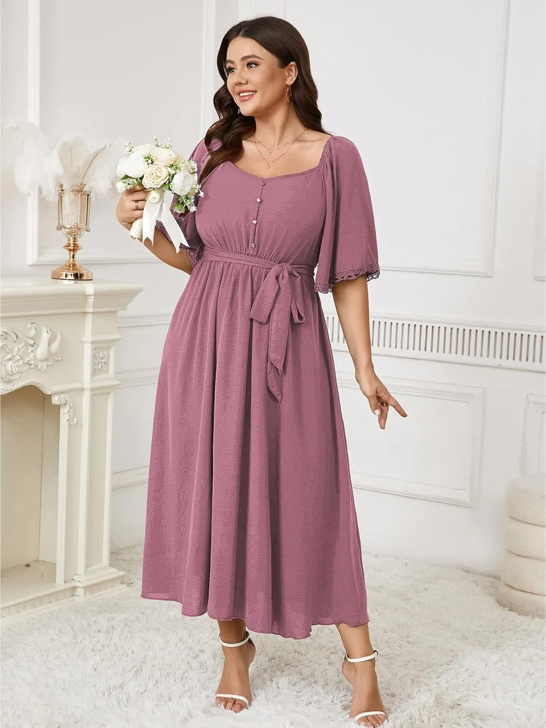 SCOMCHIC Women's Plus Size Summer Maxi Dress Sweetheart Neckline 3/4 Sleeve A Line Flowy Wedding Guest Cocktail Dress