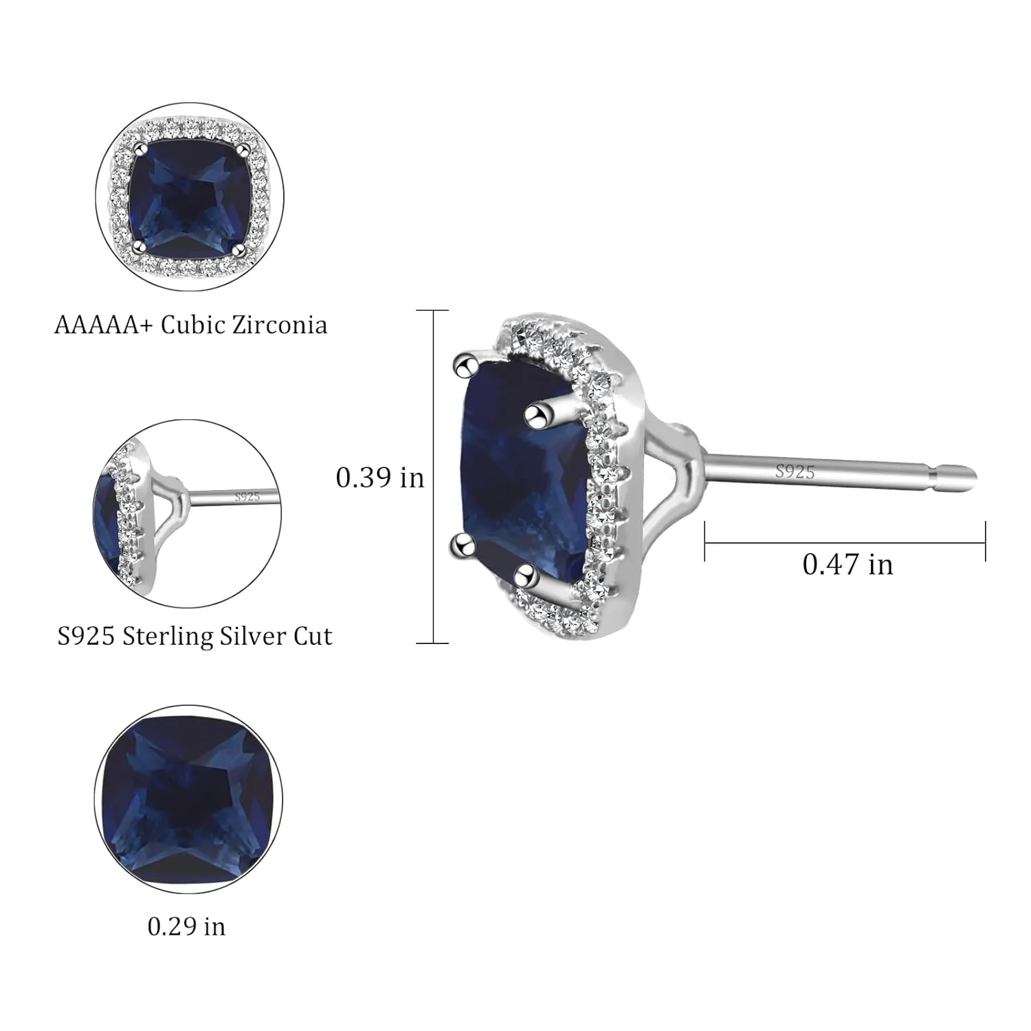 Square Cubic Zirconia Earrings Stud 7mm Sapphire Studs Earrings Hypoallergenic Princess Cut Earrings 925 Sterling Silver Post Studs Earrings for Women
