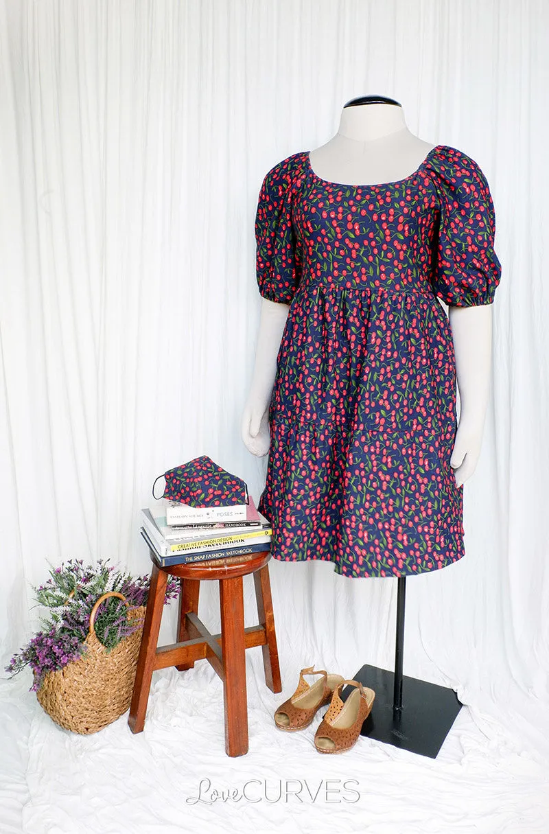 Square Neck Tiered Dress- Navy Cherry
