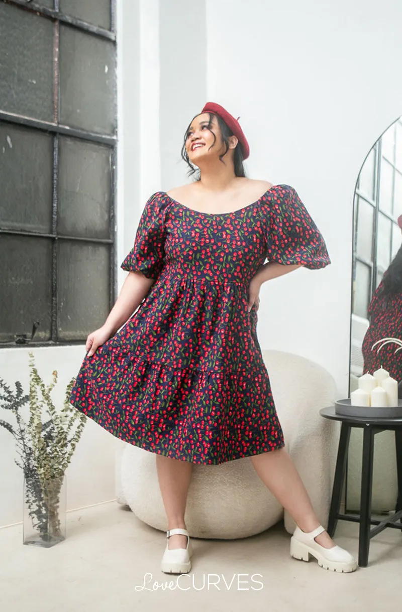 Square Neck Tiered Dress- Navy Cherry