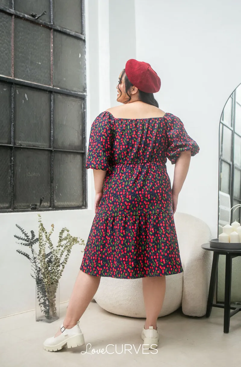 Square Neck Tiered Dress- Navy Cherry