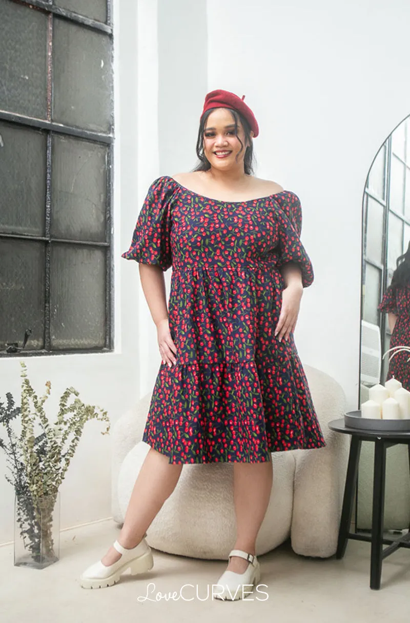 Square Neck Tiered Dress- Navy Cherry