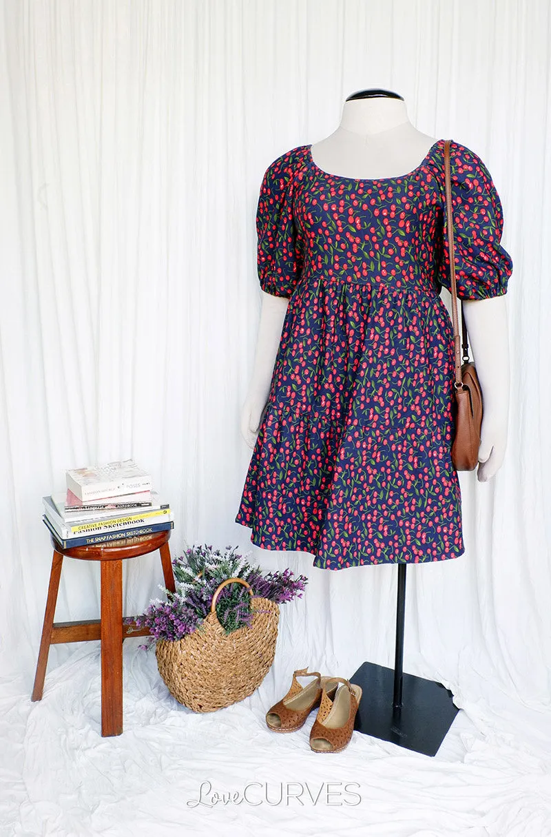 Square Neck Tiered Dress- Navy Cherry