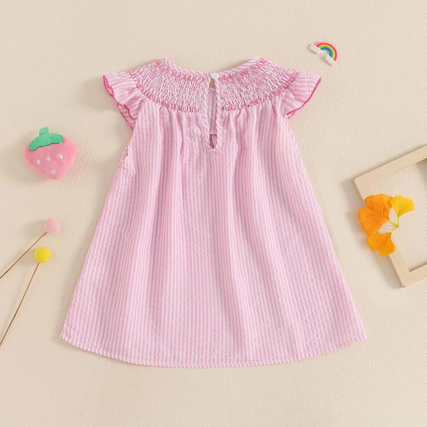 Toddler Girl Summer Dress Strawberry Embroidery Fly Sleeves Striped Smocked Dress Cute A-line Sundress