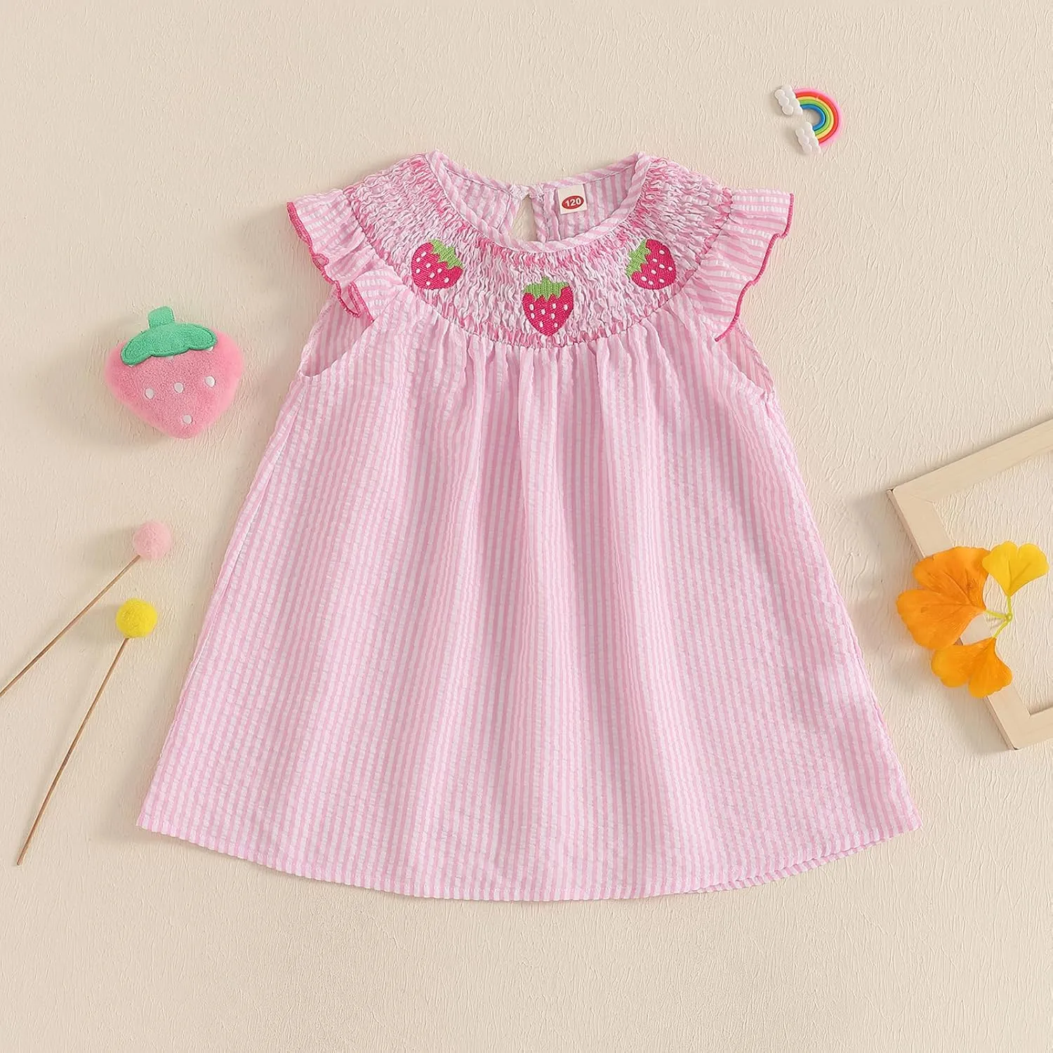 Toddler Girl Summer Dress Strawberry Embroidery Fly Sleeves Striped Smocked Dress Cute A-line Sundress