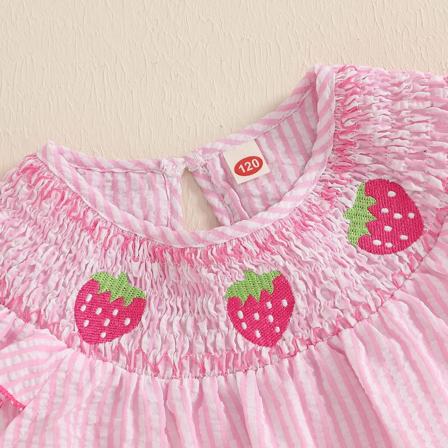 Toddler Girl Summer Dress Strawberry Embroidery Fly Sleeves Striped Smocked Dress Cute A-line Sundress