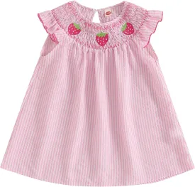 Toddler Girl Summer Dress Strawberry Embroidery Fly Sleeves Striped Smocked Dress Cute A-line Sundress
