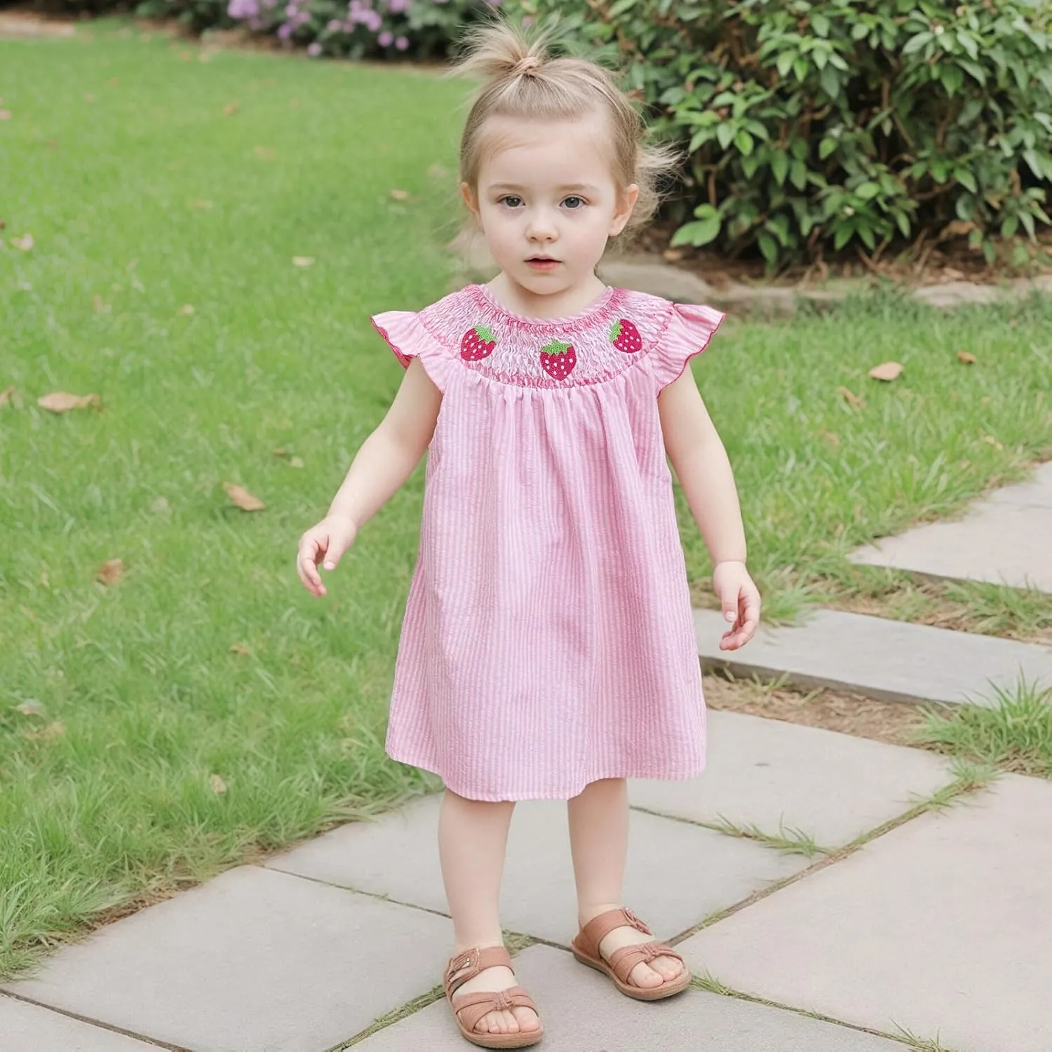 Toddler Girl Summer Dress Strawberry Embroidery Fly Sleeves Striped Smocked Dress Cute A-line Sundress